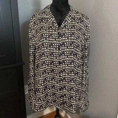 Блузка на пуговицах женская Leslie Fay галантерейная с принтом 16 черная/фиолетовая/белая - Изображение 1 из 4