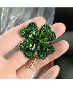 Clover Lucky Four-leaf Brooch Pin Rhinestone Green Red Vintage Crystal Jewelry - Picture 1 of 14