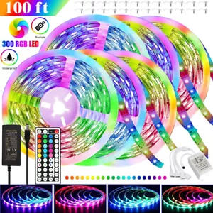 100FT RGB Led Strip Lights Waterproof Flexible with 44 Keys Remote 12V US Power - Picture 1 of 17