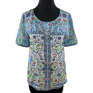 SUNDANCE Izmir Top Silk Printed Blouse Blue Paisley Peacock Boho Short Sleeve S - Picture 1 of 7