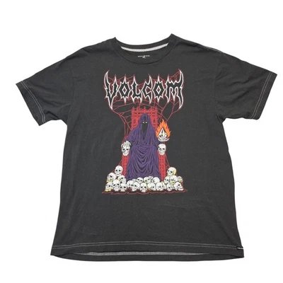 Volcom Mens Med Graphic T-Shirt Skull Throne Gothic Streetwear Black Tee Cotton - Image 1 of 4
