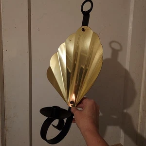 Black Metal & Brass Candle Wall Sconce, Shell Reflector, Mid-century Vintage - Picture 1 of 24