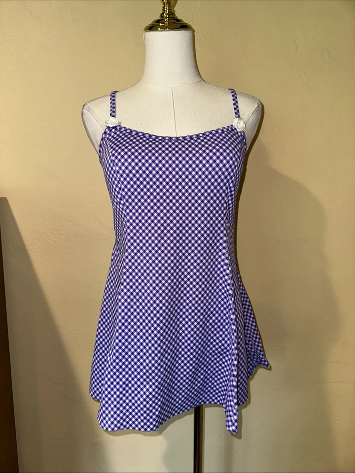 Vestido de banho vintage roxo Gingham com parte inferior embutida e detalhes rosa tamanho 10 - Imagem 1 de 4