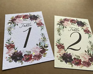 Flor de Borgoña NÚMEROS DE MESA púrpura rubor rosa tarjeta rosa follaje rústico boda - Imagen 1 de 12