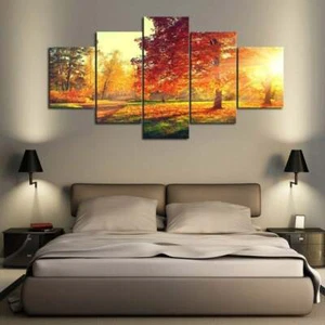 Multi Panel Print Fall Leaves Walk Canvas Wall Art Autumn Season Colors 5 Piece - Picture 1 of 11