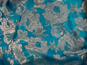Large Turquoise & Silver Flowers - Faux Silk Brocade Jacquard Fabric - Picture 1 of 4