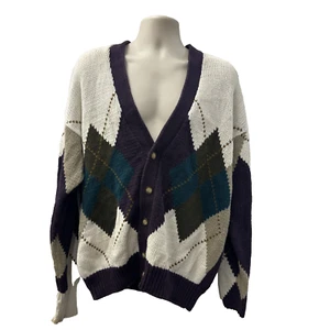 Structure Button Cardigan Mens Size Large Argyle Multi Color Vintage HEAVY! - Picture 1 of 11