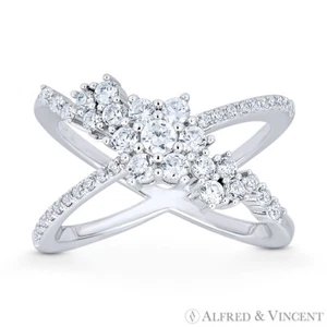 Criss-Cross CZ Crystal Cluster .925 Sterling Silver w/ Rhodium Right-Hand X-Ring - Picture 1 of 1