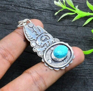 Blue Turquoise Gemstone Handmade 925 Sterling Silver Jewelry Bear Pendant Sz-2" - Picture 1 of 7