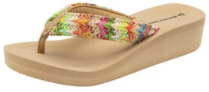 Ladies British Designed Beige Summer Sandals Low Wedge Holiday Beach Flip Flops - Picture 1 of 6