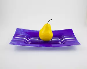 Bandeja de centro de mesa de vidrio artístico fundido a rayas azul cobalto y blanco - Imagen 1 de 8