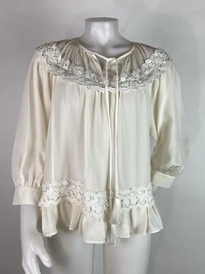 Blusa Kate Spade Talla Grande Marfil Seda Rosas Divagantes Inserto Volantes de Encaje Foto 1 de 4