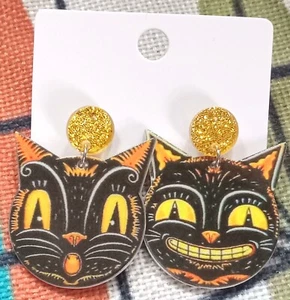 Vintage MCM Style Halloween Cat Anthropomorphic Earrings NEW Mid Century Modern - Picture 1 of 4