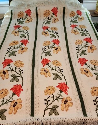 "Manta afgana de colección ganchillo tejida a mano boho verde amarillo flecos flores 73"" X 53""" Foto 1 de 4