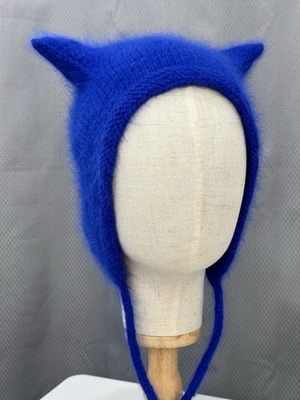 Handmade Angora Knit Bonnet Hat with Sequins, Winter Warm Beanie with Ties - Image 1 of 4