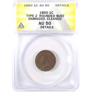 1860 Rounded Bust Indian Head Cent AU 50 Details ANACS SKU:I18493 - Picture 1 of 4
