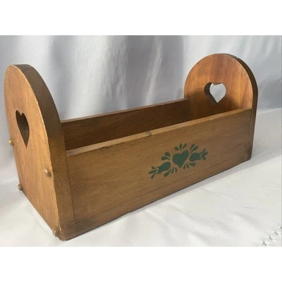 VIntage Wooden Garden Caddy Tool Storage Tray Hand Painted Carved Hearts - Image 1 of 4