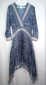 H&M Pleat Asymmetric Maxi Dress Size 12 Blue Floral Satin Long Sleeve Suit Tall - Picture 1 of 10