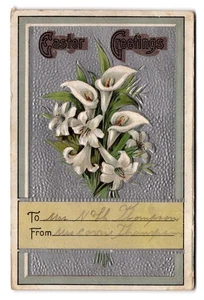 Vintage Embossed Easter Greetings Postcard Calla Lilies Flowers - Picture 1 of 2