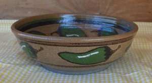 MJ Jane Moore Signed Art Studio Pottery 8.5” Round Serving Bowl Green Jalapenos - Picture 1 of 12