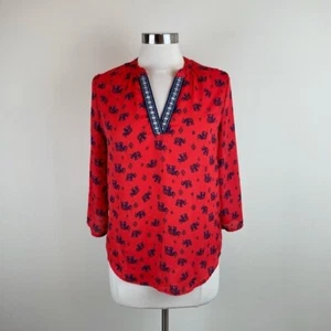 Society Girl Red Navy Blue Elephants Blouse Top Women Size Small - Picture 1 of 8