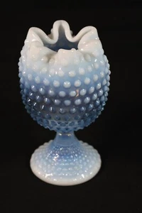 Vintage DUNCAN MILLER Opalescent BLUE Glass Hobnail Ruffled Pedestal Vase EXC - Picture 1 of 12