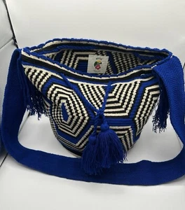 Wuitusa Wayuu Handmade Crochet Boho Bucket Bag Blue Black - Picture 1 of 17