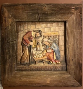 Altes Holz Wandbild Relief Jesus Weihnachtskrippe 70-90erJ Christentum Dekoratio - Bild 1 von 5