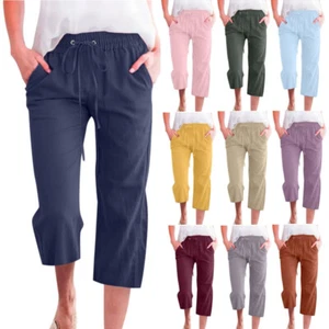 Pantalones capri de playa informales de lino de 3/4 de largo para damas Pantalones cortos de verano - Imagen 1 de 56
