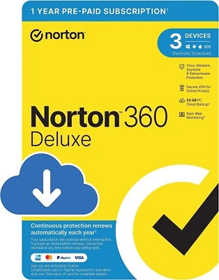 Norton 360 Deluxe 2026 3 Devices 1 Yr + Secure VPN Internet Security 5 Min Email - Image 1 of 4