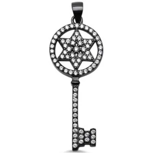 Trendy! Black Plated Rhodium CZ Key .925 Sterling Silver Pendant 1.8" - Picture 1 of 2