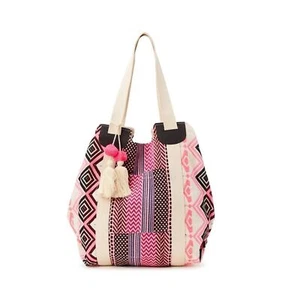 No Boundaries Women's Large Woven Beach Tote Handbag w/ Tassel Decor, Pink Multi - Picture 1 of 4
