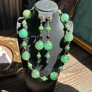 Edelstein Crysta Vintage grün Halskette und Ohrringe Set farbige Glasur Schmuck - Bild 1 von 7