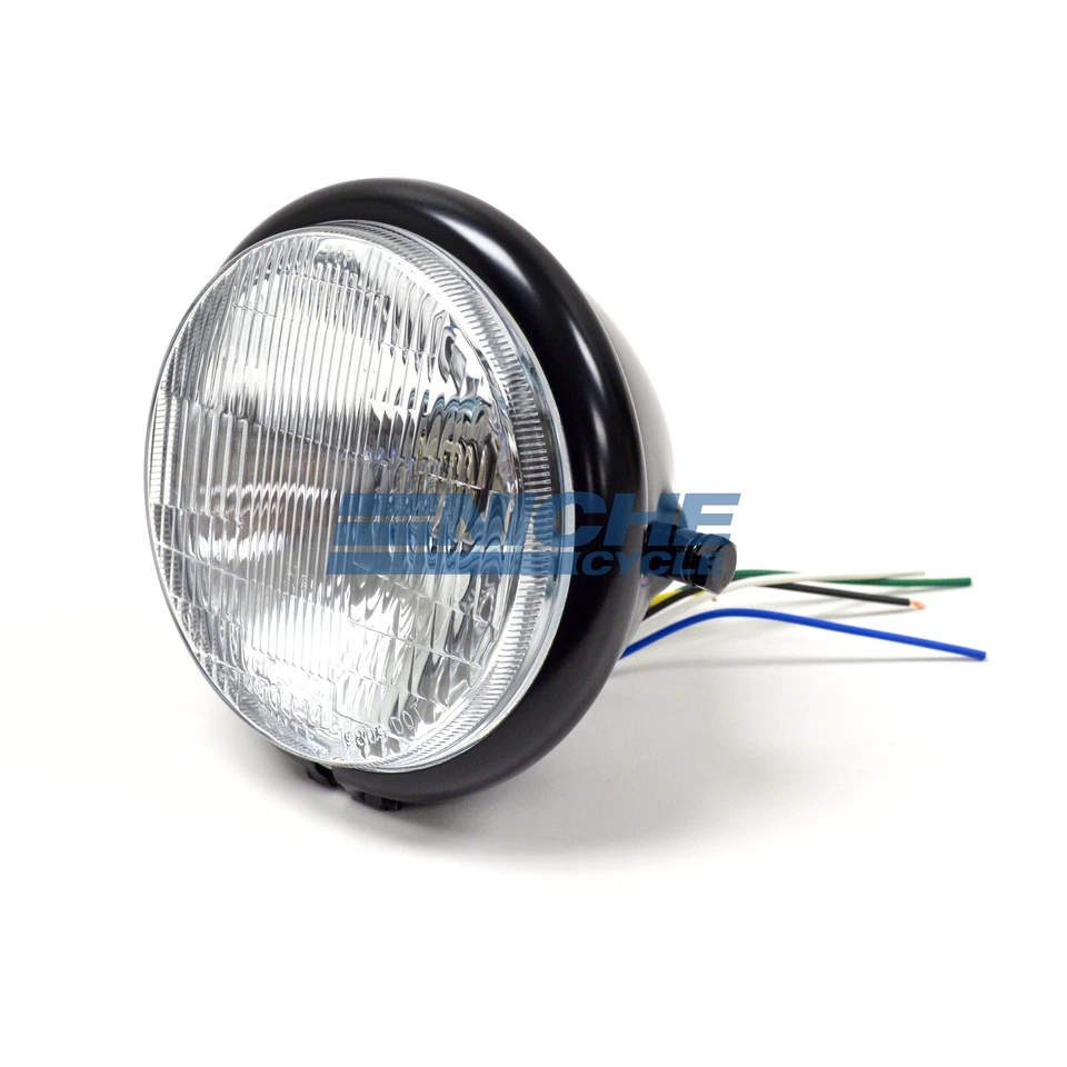 Bates Style 5.75 Satin Black Side Mount Headlight Blue Dot Chopper 5-3/4 - Image 1 of 4