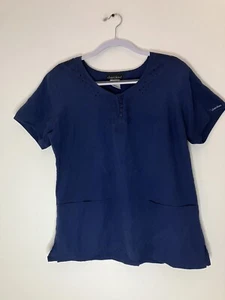 Top scrub Cherokee ricamato floreale blu navy collo bottoni uniforme medica media - Foto 1 di 7