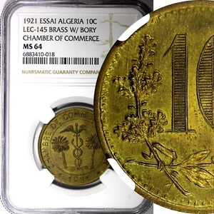 ALGERIA Pattern Essai Brass 1921 10 Centimes Double Date NGC MS64 RARE KM# TnA8 - Picture 1 of 6