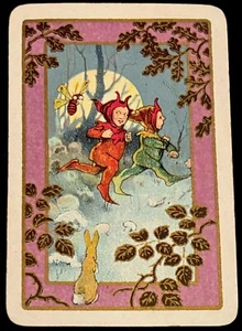 EU6 Swap Playing Cards 1 VINTAGE ENGLISH Pixies Elves Rabbit Trees Moon - Picture 1 of 1