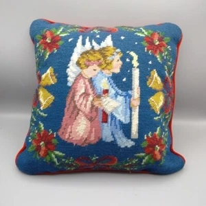 Vintage Praying Angels Christmas Needlepoint Grandmacore Petit Point Pillow 13" - Picture 1 of 8