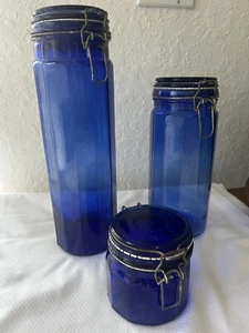 Vintage Kobaltblau 12 Panel Glas Kanister 3er Set: 13", 10", 4" hoch & 4" breit - Bild 1 von 12