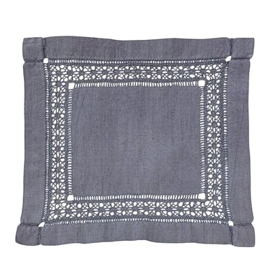 Napperon brodé lin gris carré 26 cm jours échelle et faisceaux fait main vintage - Photo 1/4