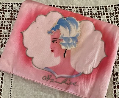 Antique Vintage Pink Satin Hankie Holder Hand Painted Flapper Boudoir 8" x 6" - Image 1 of 4