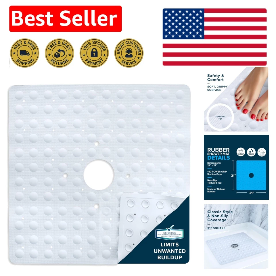 Противоскользящий коврик для душа из натурального каучука 21 x 21 дюйм с 140 присосками - белый - Изображение 1 из 4