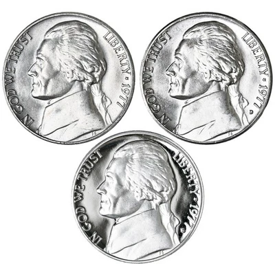 1977 P D S Jefferson Nickel Year Set Proof & BU US 3 Coin Lot - Imagem 1 de 4