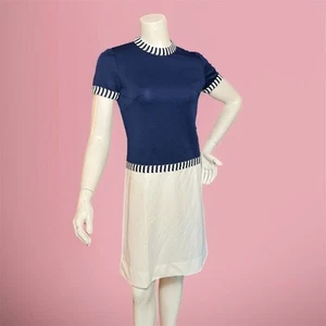 Abito da golf vintage anni 60 Bleeker Street taglia 4 mod retrò a righe blu navy - Foto 1 di 5