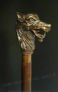 Antique Brass Wolf Designer Head Handle Wood Wooden Walking Stick Cane - Picture 1 of 3
