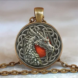 Keltischer Drache Medaillon rund Halskette Schmuck Wikinger Anhänger - Bild 1 von 7