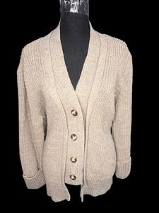 MNG Knit Cardigan Sweater Womens Medium Beige Button Front COASTAL CABINCORE - Picture 1 of 6