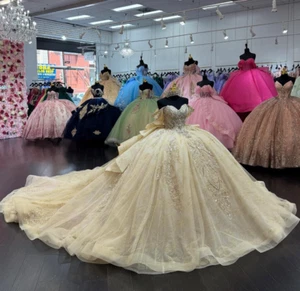 Princess Gold Quinceanera Dresses Court Train Beading Sweet 16 Ball Gowns - Picture 1 of 8
