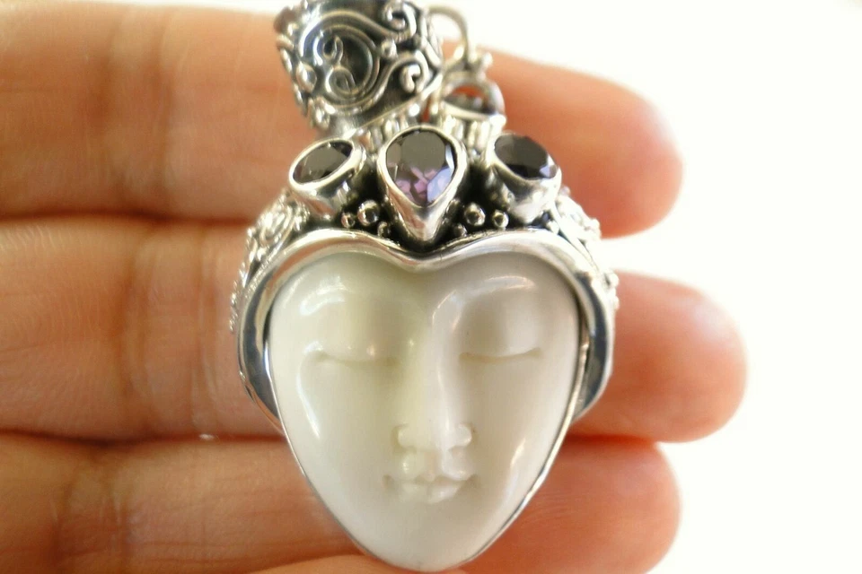 Purple Amethyst Balinese Goddess Face Close Eye 925 Sterling Silver Pendant — 第 1/4 张图片