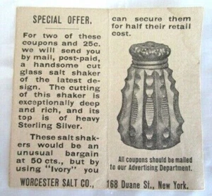 Vintage Worchester Ivory Salt Co Ad/ Coupon Print Salt Shaker -E6H-40 - Picture 1 of 2